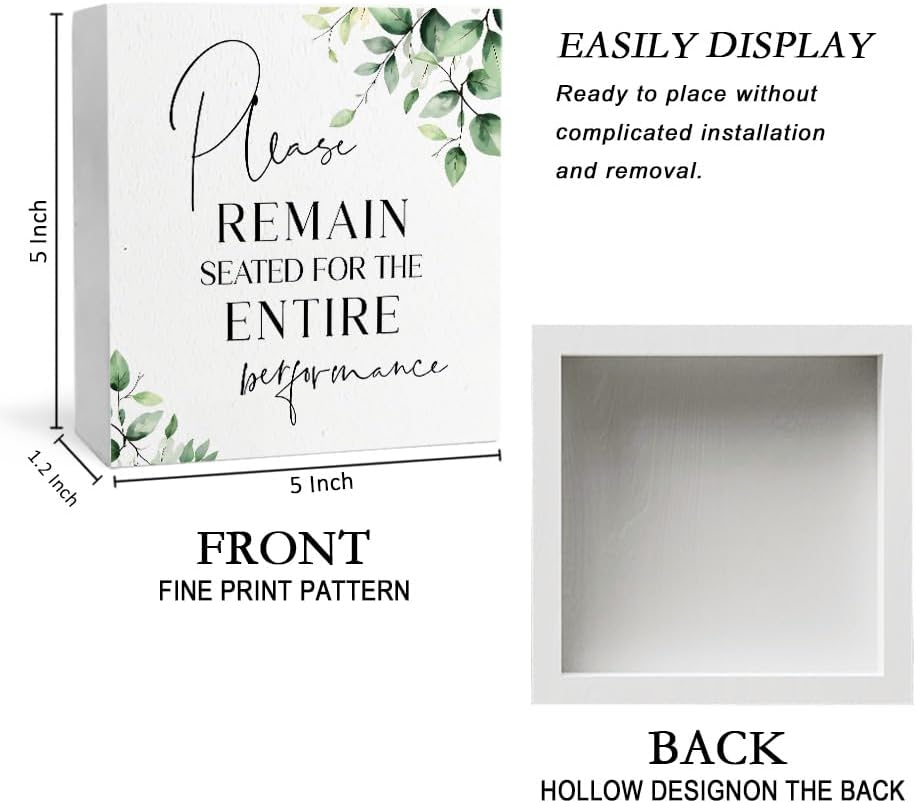 Funny Bathroom Signs, Please Remain Seated for the Entire Performance Wooden Box Sign, Eucalyptus Botanical Wood Signs Plaque for Restroom Washroom Toilet Counter Shelf Table Decor, 5x5 Inch