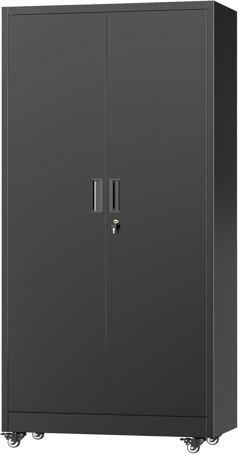 Greenvelly Metal Garage Storage Cabinet with 4 Swivel Wheels, 73” Black Storage Cabinet on Wheels, Rolling Tool Cabinet with Locking Doors and Shelves for Garage, Basement, Home, Warehouse