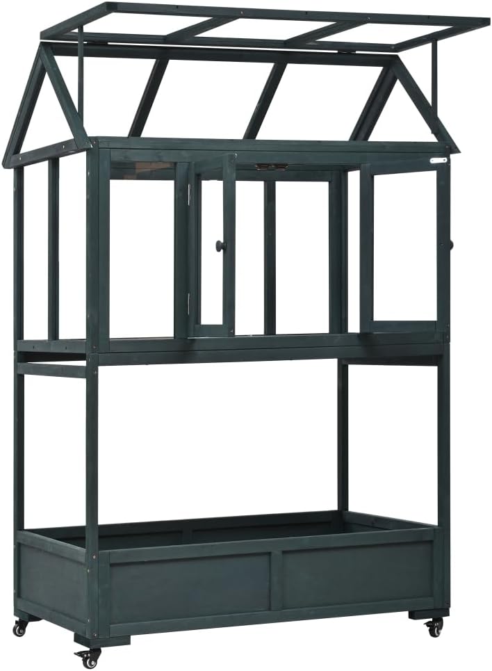 Garden Wood Portable Cold Frame with Movable Wheels Mini Greenhouse with Openable Roof and Storage Box (Green)