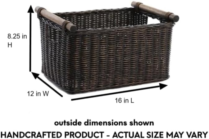 The Basket Lady Pole Handle Wicker Storage Basket, Medium, 16 in L x 12 in W x 8.25 in H, Antique Walnut Brown