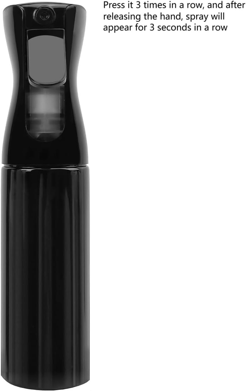 Spray Bottle for Hair (10.1oz/300ml) - 2 Seconds of Mist - Empty Ultra Fine Plastic Water Sprayer, For Hairstyling, Cleaning, Salons, Plants, Essential Oil Scents & More - Black,Press it 3 times