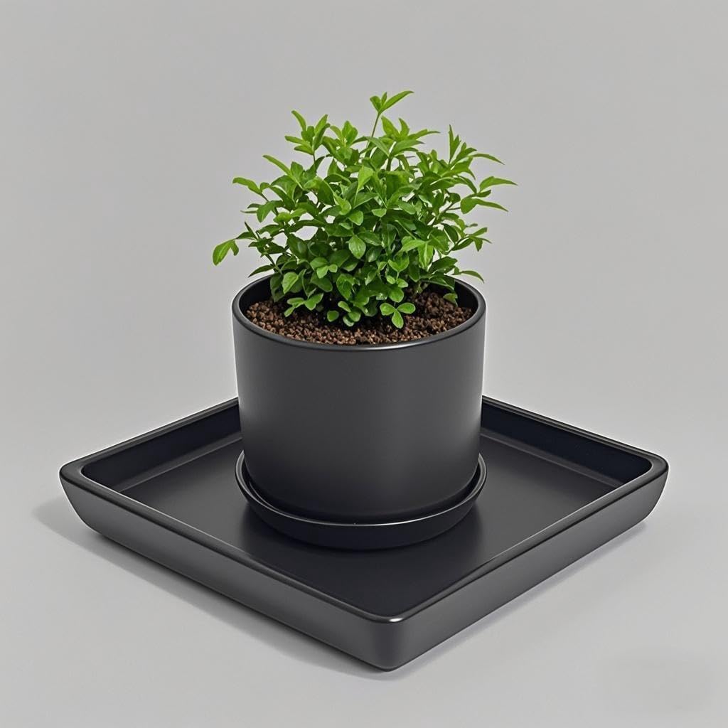 Square Plant Saucer 10 Inch 1 Pack,Plant Trays for Pots, Black Ceramic Plant Saucers for Indoors Outdoors, Plant Drip Tray 4 6 8 10 12 14 Inch