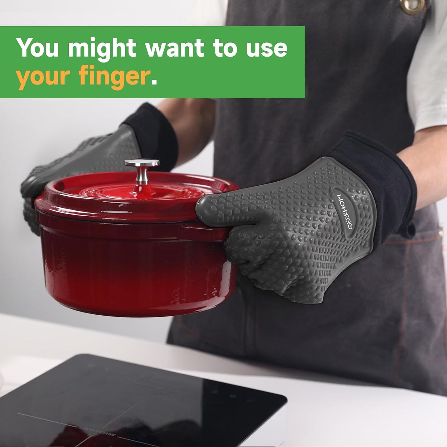 GEEKHOM BBQ Gloves Heat Resistant Oven Mitts - Silicone Grilling Gloves with 14" Long Arm Protection - Waterproof Pot Holder Non-Slip for Men & Women, Kitchen Cooking, Baking, Camping, Gray