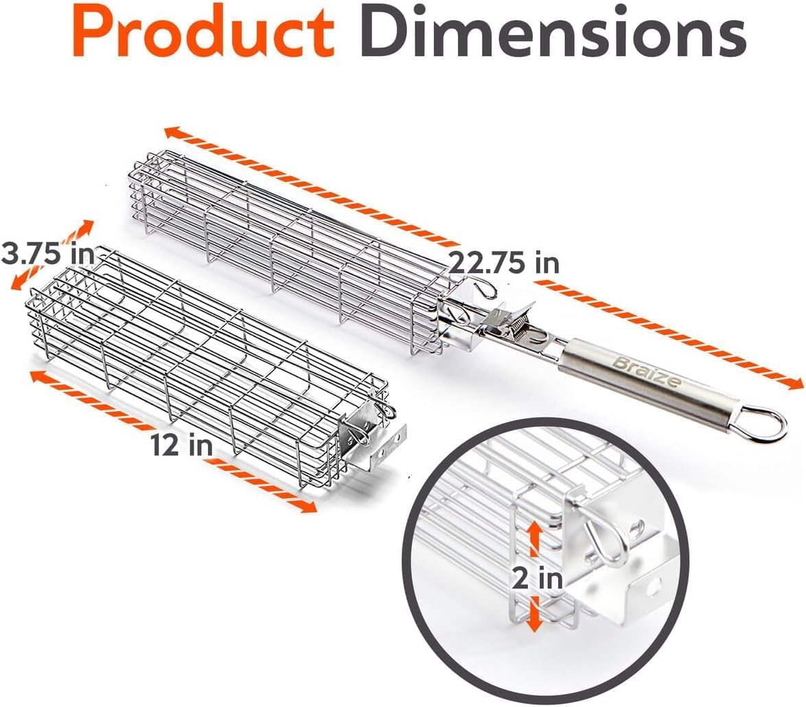 Kabob Grilling Baskets – Set of 3 Stainless Steel BBQ Baskets (12" x 2" x 2") with Removable Handle and Latching Lid – Great for Grilling Vegetables or Meat Over Campfires and Outdoor Grills