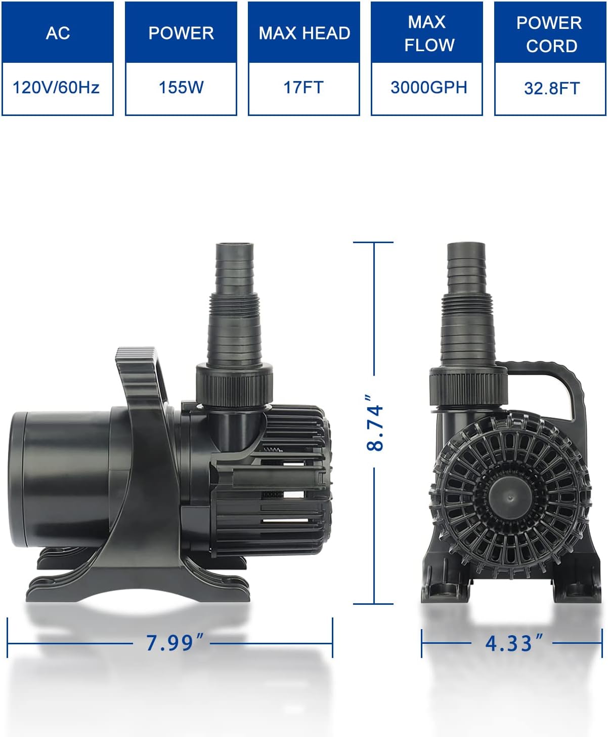 OYO WATER Outdoor 3000gph-155W 32.8FT Pond Water-fall & Kio Fish Fountain-s &Garden Pump Submersible IPX8: Long 32.8FT Cord Smart-er & Quieter Duck & Yard Ponds Pumps, 1 Barrier Pump Bag