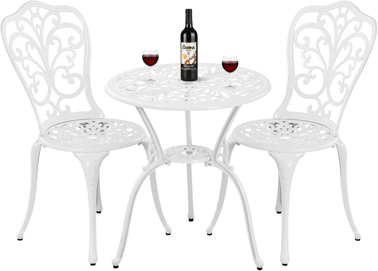 Patio Bistro Sets, Cast Aluminum Bistro Table and Chairs Set of 2 with Umbrella Hole, Bistro Set 3 Piece Outdoor, Metal Patio Furniture Set for Garden Porch, White