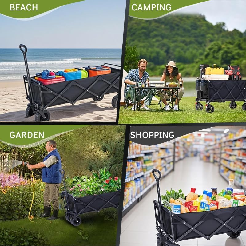 350L Large Capacity Foldable Wagon with Brakes, 560lbs Heavy Duty Collapsible Wagon Cart with Push Handle All-Terrain Big Wheels for Camping, Sports, Shopping, Beach