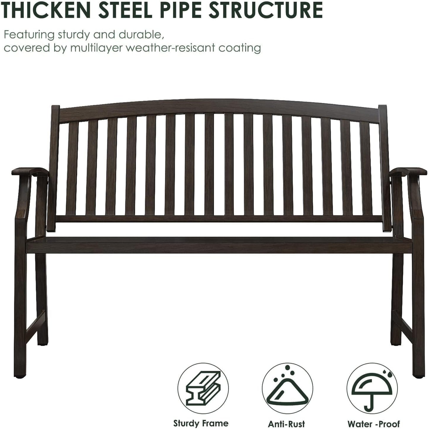 Grand patio 52" Farmhouse Outdoor Bench, Garden Benches with Rust Free Metal Powder Coated Frame and Aluminum Backrest, Faux Wood Grain Finish Frame Patio Bench for Front Porch, Northwoods Brown