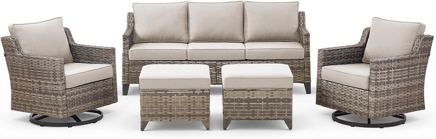 Outdoor Patio Furniture Set-5 Pieces All-Weather Wicker Outdoor Furniture with Swivel Patio Chairs Outdoor Patio Conversation Sets for Garden Porch Deck Grey/Beige