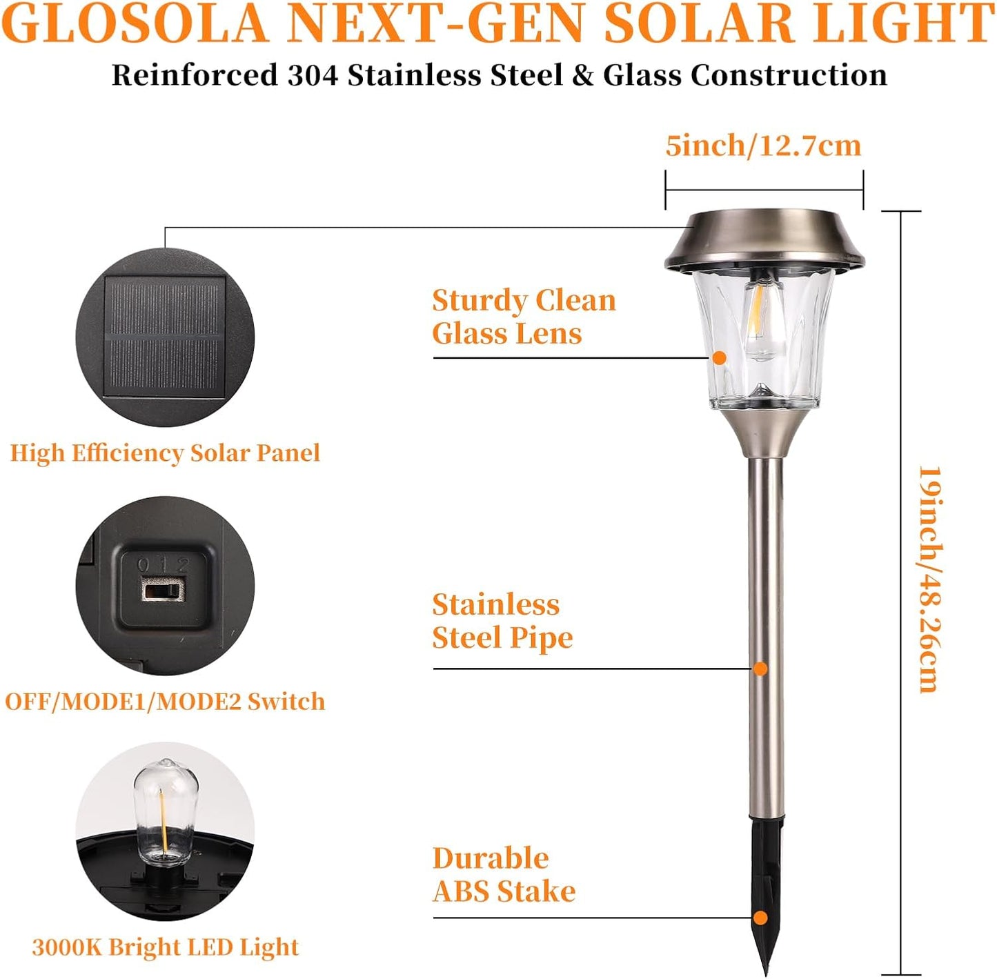 Solar Pathway Lights Outdoor 4 Pack, Stainless Steel & Glass Solar Garden Lights, Auto Dusk to Dawn IP65 Waterproof LED Path Lights for Yard, Lawn, Walkway, Driveway