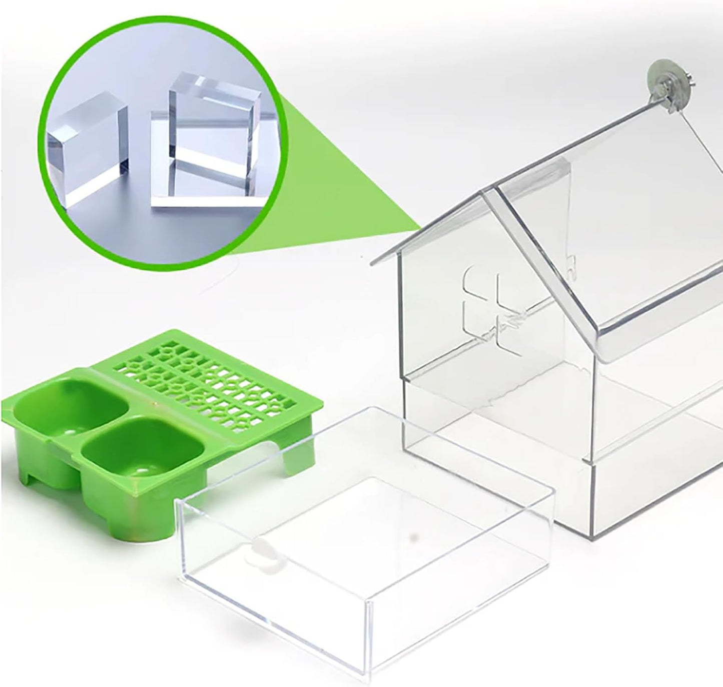 Ziveseller/Sowhathow Pull-Out External Parrot Feeder, Parrot Feeder Parakeet House Bird Bath Transparent Dish Water, Hanging Wild Bird Seed with Squirrel Proof Tray (Green)