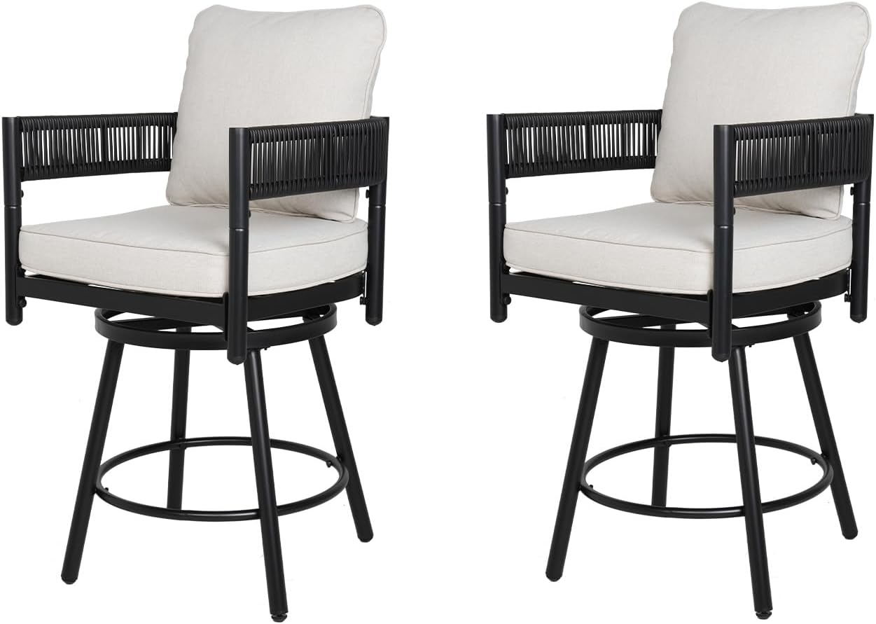 Grand patio Outdoor Swivel Bar Stools Set of 2, 26" Counter Height Swivel Chairs with Metal Frame, Curved Woven Wicker Backrest, Thickened Cushions for Patio, Deck, Balcony (Beige)