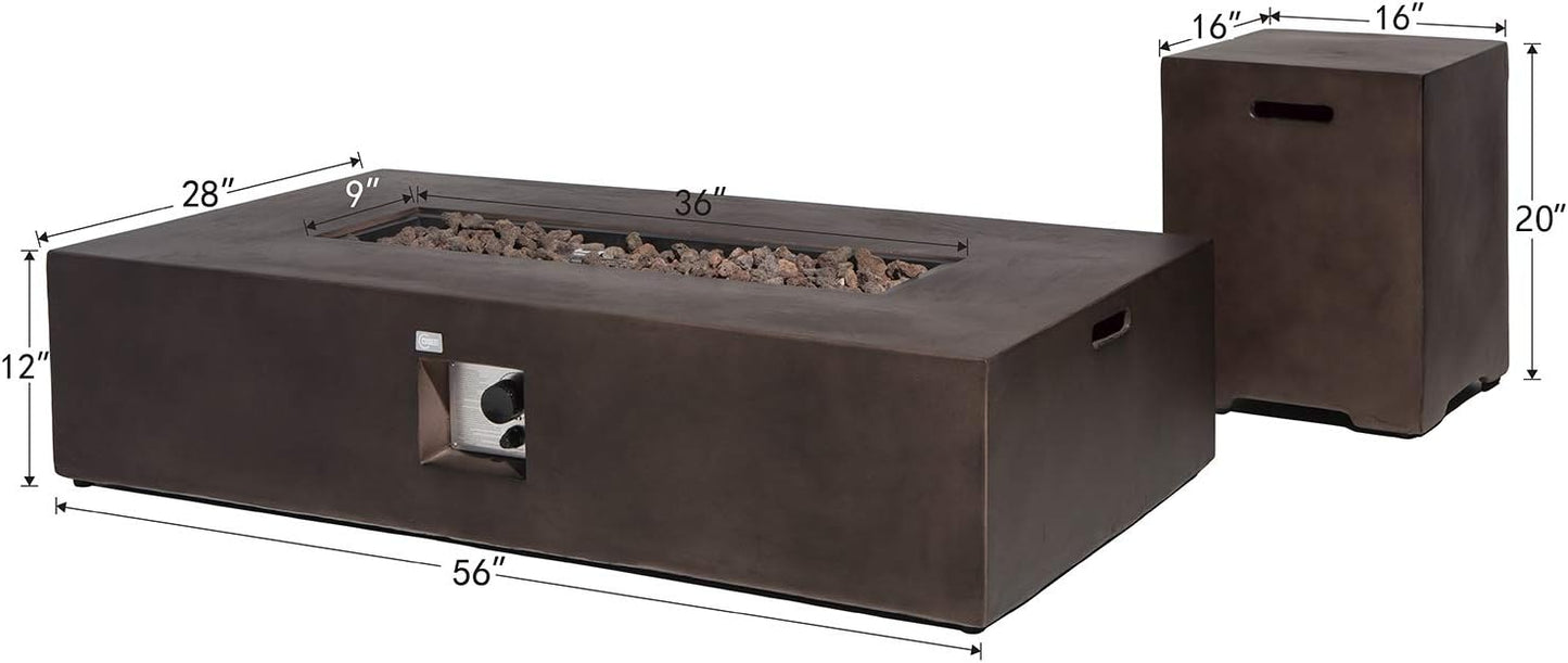 COSIEST 2-Piece Outdoor Propane Fire Table Set, Rectangle Concrete 56" x 28" Bronze Fire Pit (CSA Certified, 50,000 BTU) w 20lb Tank Table, Wind Guard, Waterproof Cover for Garden, Porch, Backyard