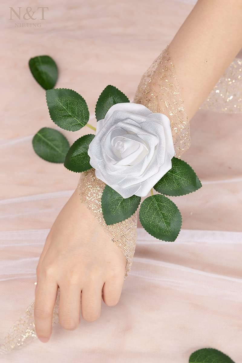 N&T NIETING Artificial Flowers, 50pcs Fake Flowers Roses with Stem for DIY Wedding Bouquets Centerpieces Bridal Shower Party Home Decoration, Silver White