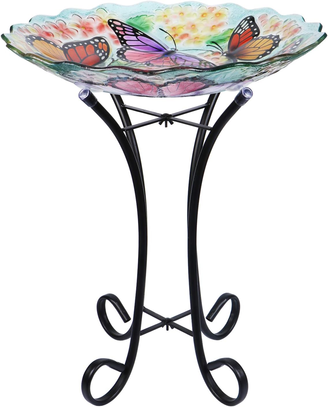 Glass Bird Bath Outdoor with Metal Stand for Lawn Yard Garden Decor Butterfly Bird Feeder