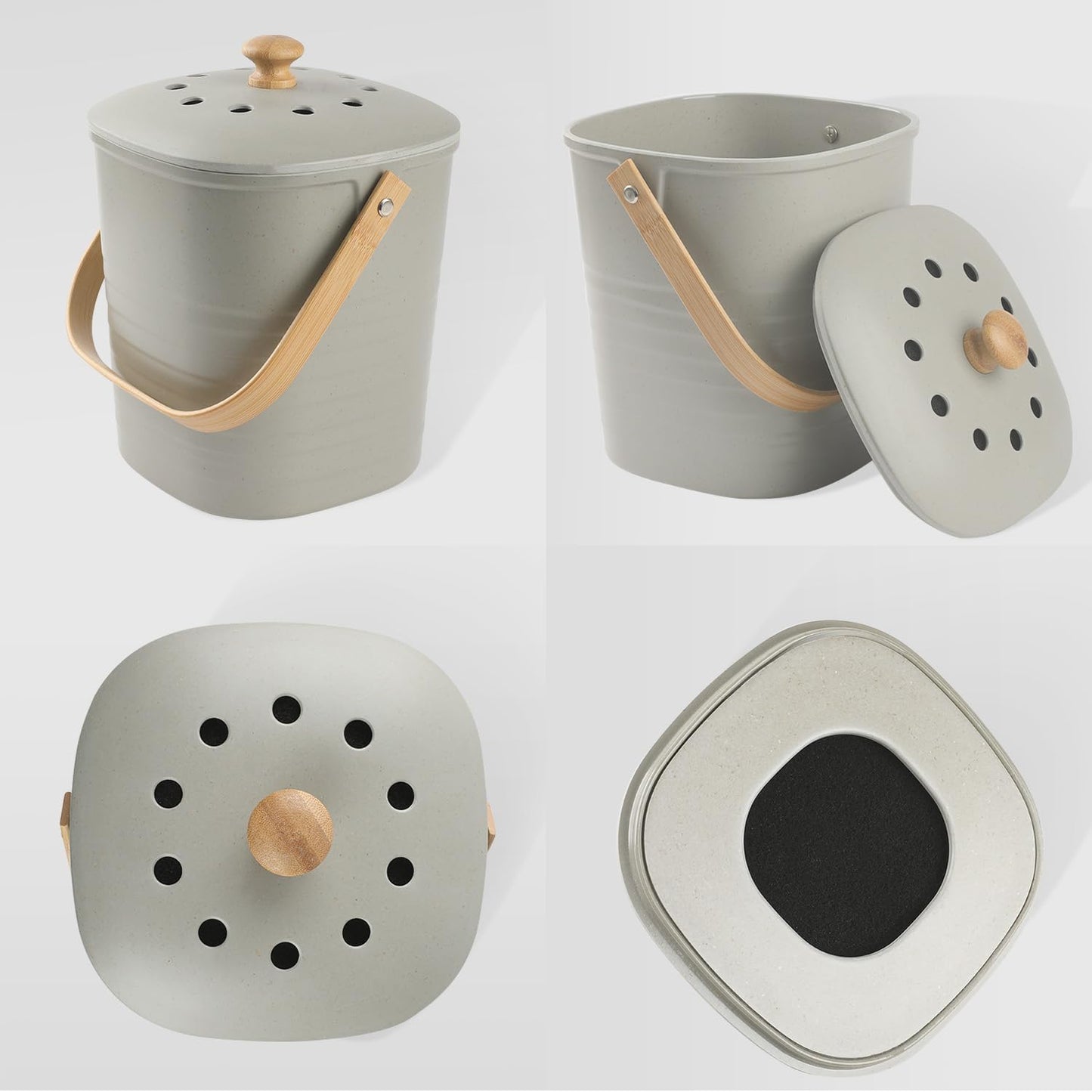 Compost Bin Kitchen, LALASTAR Countertop Compost Bin with Lid, Made of Sustainable Bamboo Fiber, Odorless Indoor Compost Bucket, 1 Gallon, Grey, Square