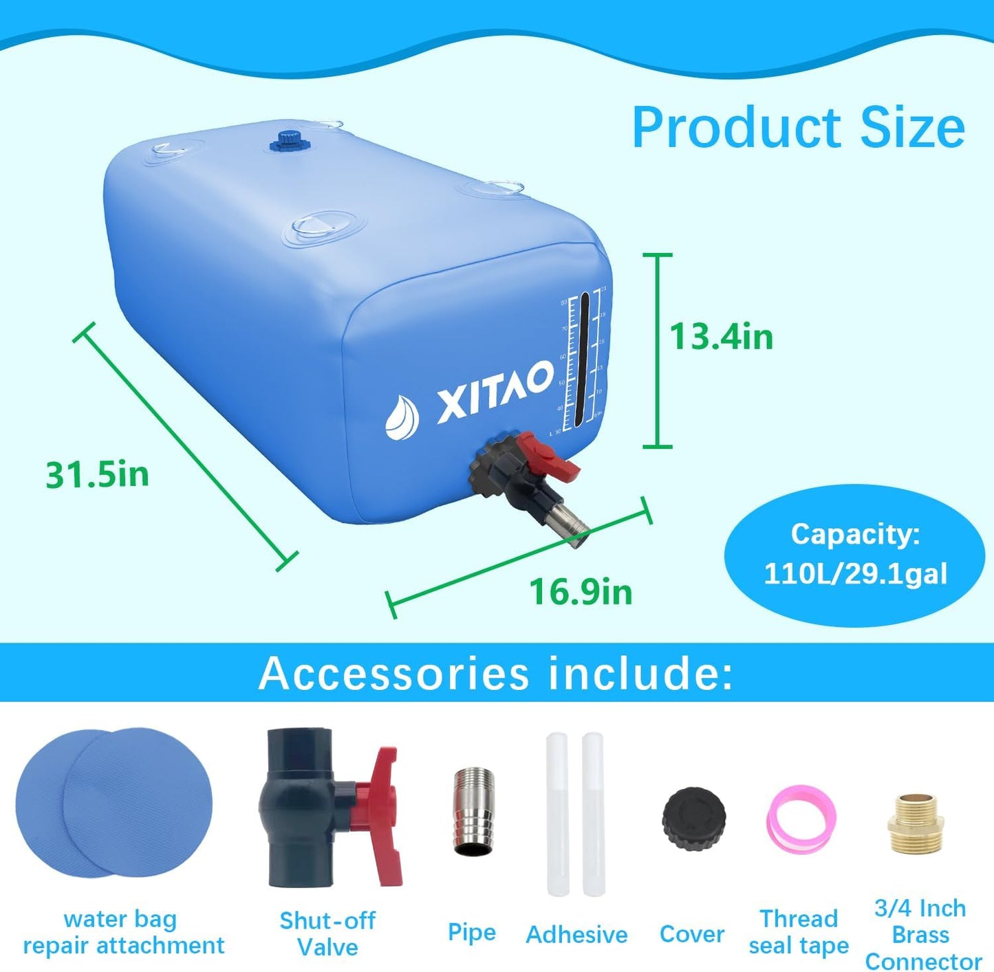 XITAO 29Gal Large Capacity Water Storage Bladder Containers w/Water Level Indicator Portable Foldable Emergency Water Tank Bag for RVs, Drought Resistance, Fire Prevention, Agricultural Irrigation