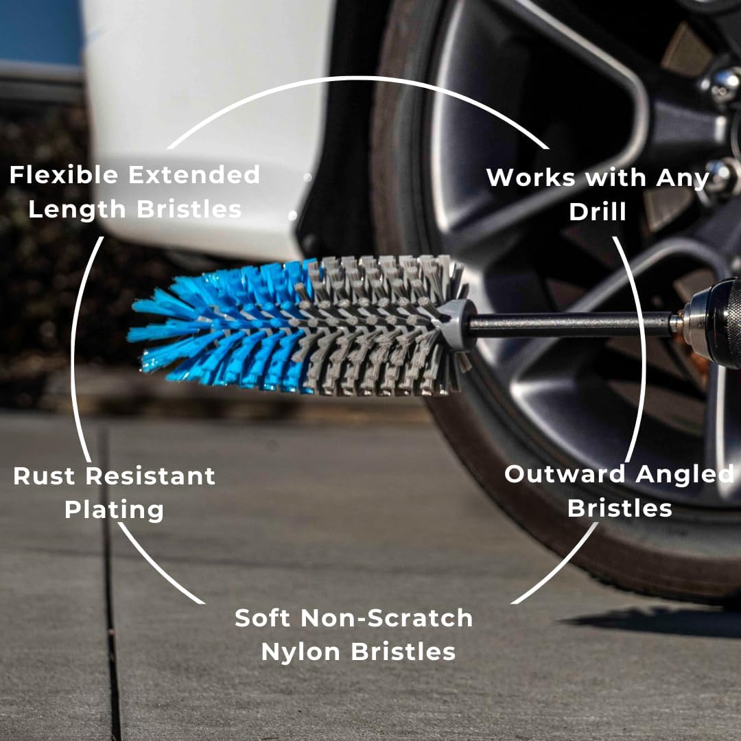 Long Reach Drill Brush Attachment, All Purpose for Car Tires, Wheels, Wheel Wells, Engine Bays, Exhaust Pipes, Running Boards, Hard to Reach Areas, with Heavy Duty Non-Scratch Nylon Bristles - Lumora Garden