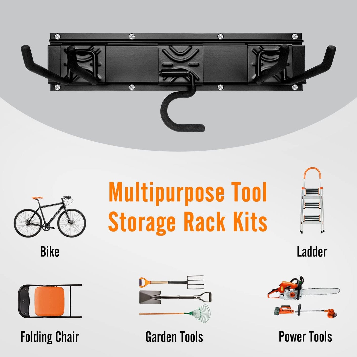 Tool Rack Kits, Garage Wall Organization Hanger with 1 Mop Hook and two 8-inch Multi-Purpose Hooks, Garden Yard Shovels Rakes for String Hedge Trimmer Brooms Hoses Folding Chairs ladders, and More