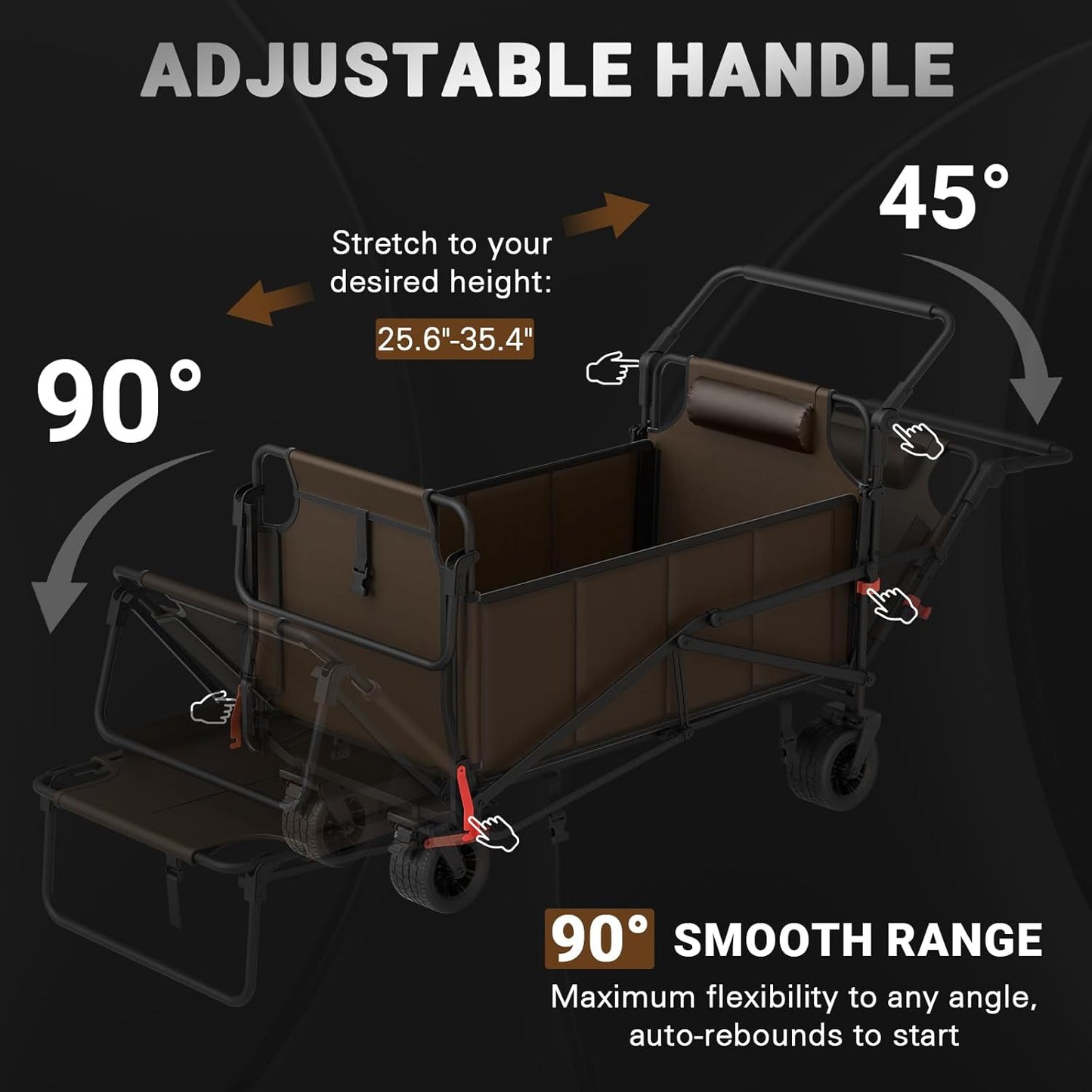 LEVELEVE Heavy Duty Folding Wagon - 2-in-1 Collapsible Cart, 650lb Capacity, All-Terrain Wheels w/Brakes & Side Pockets (Brown)