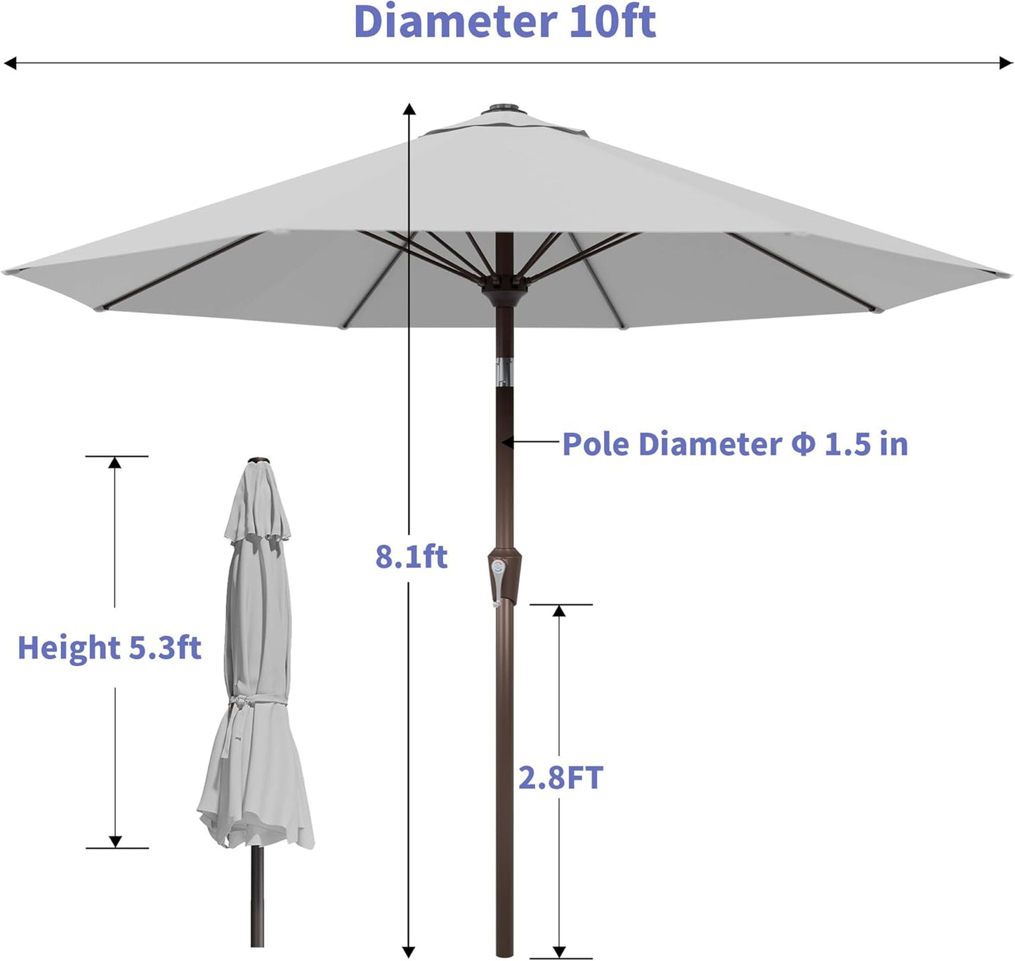Kingdura 10FT Outdoor Patio Umbrella, Market Table Umbrella with Push Button Tilt and Crank, 8 Sturdy Fiberglass Ribs, UV Protection for Pool, Lawn, Deck, Backyard, Garden (Light grey)
