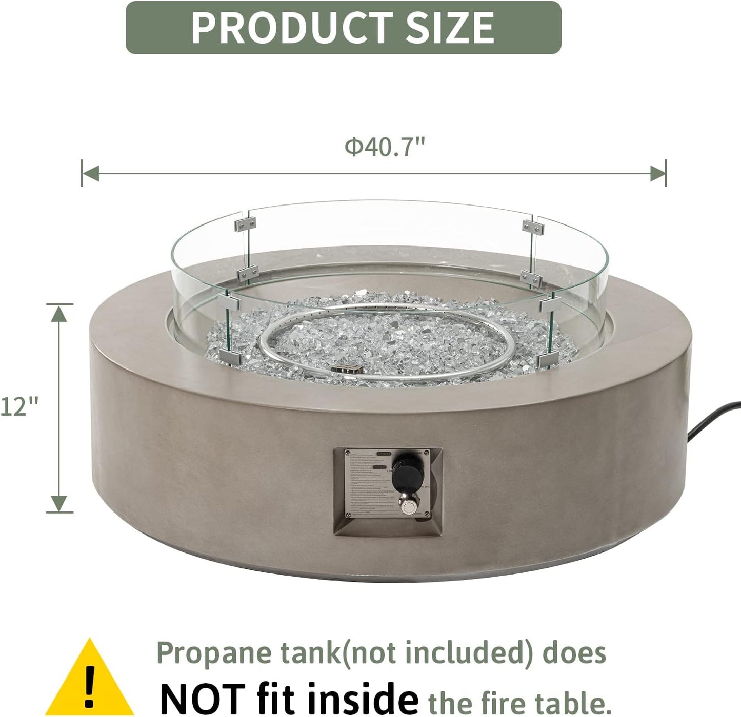 COSIEST Outdoor Propane Fire Pit Coffee Table w Gray 42 inch Round Base Patio Heater, CSA Certified, 50,000 BTU Stainless Steel Burner, Wind Guard, Transparent Gray Fire Glass, Rain Cover