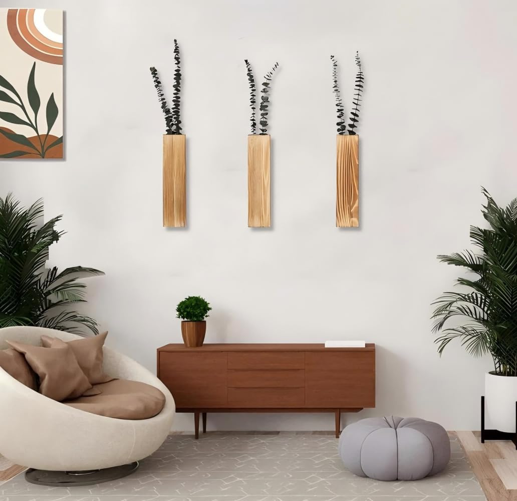 Wall Planters for Indoor Plants, Wood Wall Planter Vase Wall Decor for Living Room, Decorative Vases for Dried Flowers, Brown