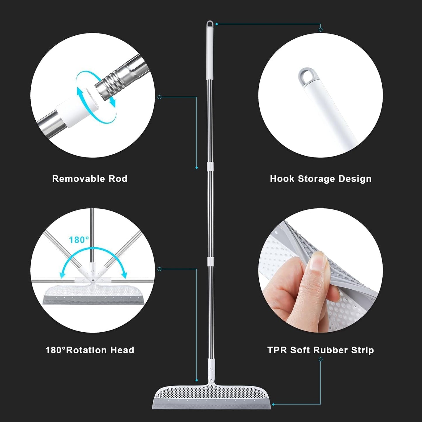 Rubber Squeegee Broom for Floor, 51.77'' Long Handle Multifunction Scraping Silicone Floor Sweeper, Pet Hair Remover Magic Broom for Carpets, Windows, Mirrors, Rugs, Hardwood, Tile Cleaning