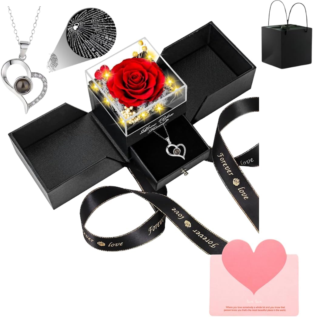 Preserved Real Rose with Heart Necklace (I Love You in 100 Languages) | Eternal Red Forever Flower Luxury Gift Box for Girlfriend, Wife, Anniversary, Birthday & Romantic Occasions (Red I love you)