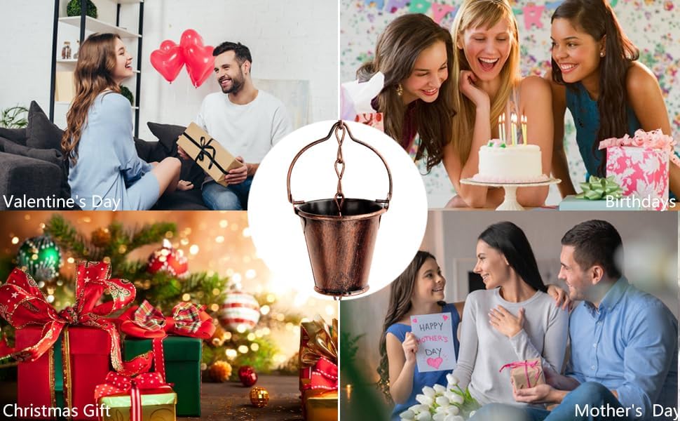 8.66 Ft Gutter Rain Chain, Metal Collector Rain Chain for Eaves Drainage, 16 Cup Small Bucket Metal Decorative Gutter Rain Chain, Outdoor Decorative Rain Chain (Brown)