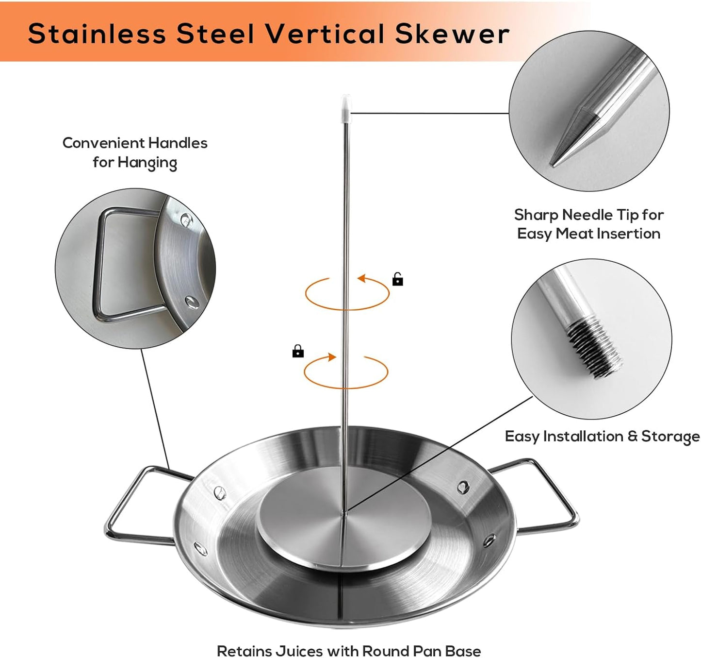 Fengzhe Al Pastor Skewer for Grill:Stainless Steel Vertical Stand, Brazilian Spit Stand with removable 3 Spikes, 2 Brushes, Anti-scalding Fittings, Fat Separator Tray, for Tacos Al Pastor, BBQ
