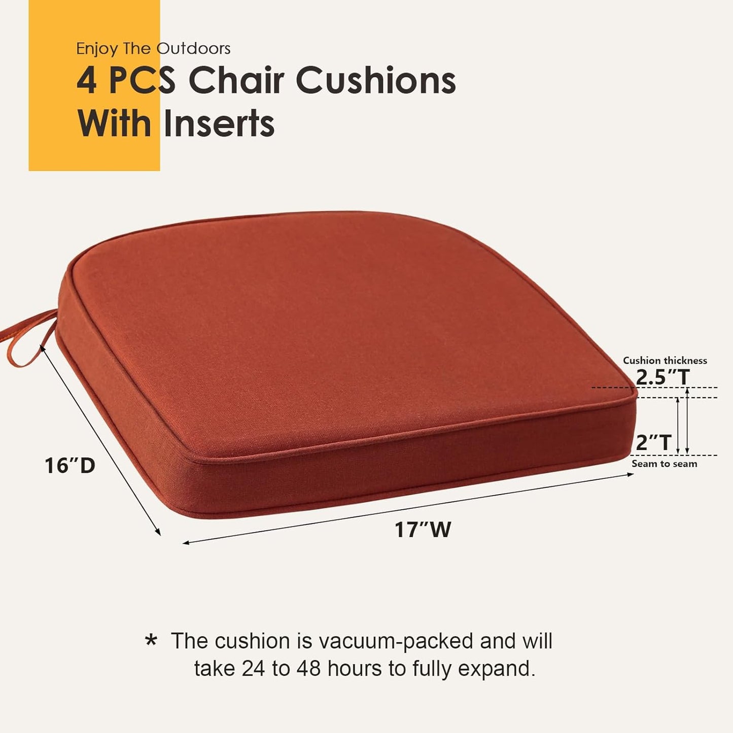 Outdoor Sunbrella Round Corner Seat Cushion, 17"x16"x2", Set of 4, Non Slip Seat Cushion Pads with Removable Cover for Patio Furniture, Garden Yard Lawn, Spectrum Grenadine