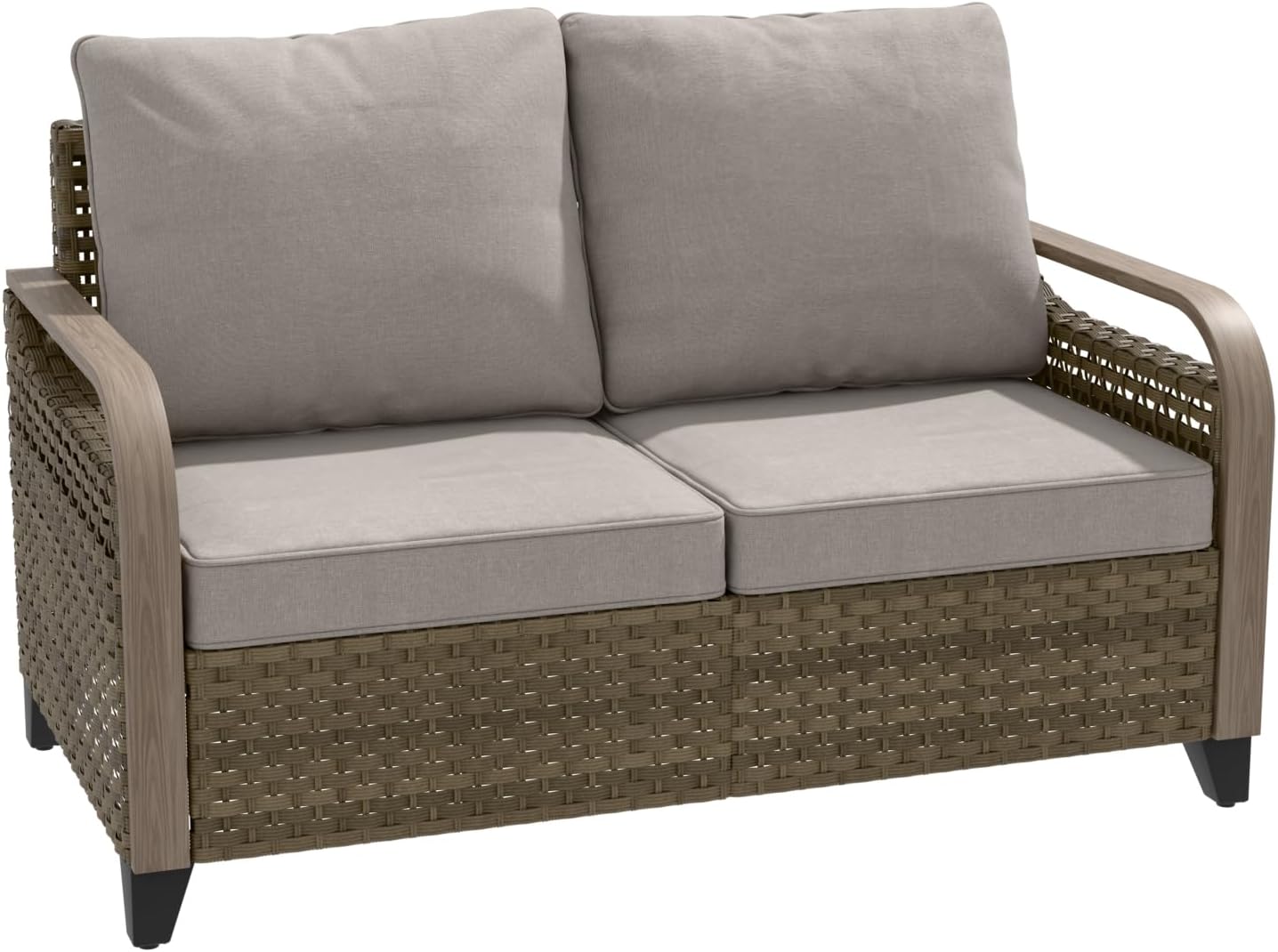 Modern Wicker Patio Sofa, Rattan Outdoor Loveseat for Small Balcony, 2 Seat Loveseat Furniture Set for Garden Deck Backyard, Brown/Gray