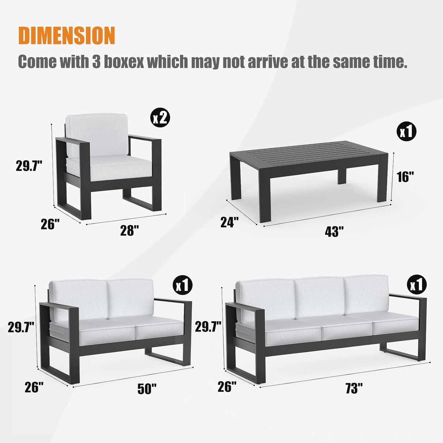 5 Piece Modern Aluminum Patio Furniture Set, Outdoor Patio Sectional Conversation Metal Seating Sets with Olefin Cushion and Coffee Table