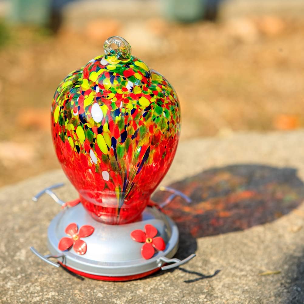 WOSIBO Hummingbird Feeder for Outdoors Patio Large 32 Ounces Colorful Hand Blown Glass Hummingbird Feeder with Ant Moat Hanging Hook, Rope, Brush and Service Card (Red-Sunrise)