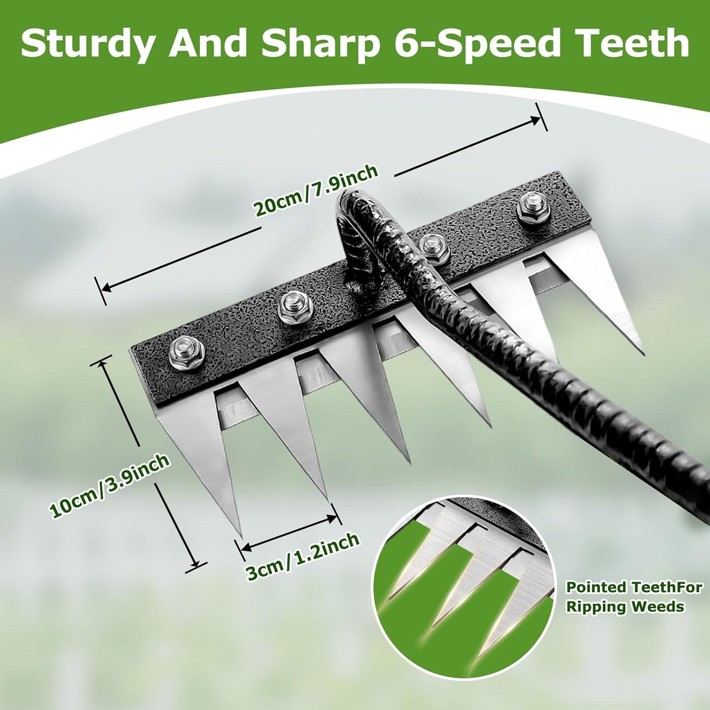 Gardenia Iron Weeding Rake, 2.0 Iron Weeding Rake with Long Handle, 6 Teeth Heavy Duty Weed Puller Tools for Gardening, Weedings ,Lawn