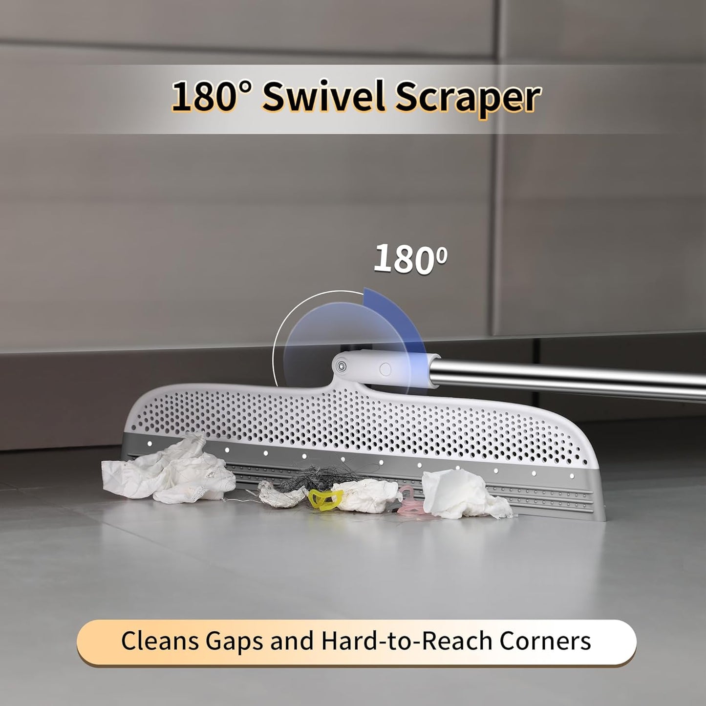 Silicone Floor Squeegee & Broom – Long Handle Hair Remover for Water, Pet Hair – for Bathroom, Tile, Concrete, Garage, Deck, Glass – Indoor Outdoor Cleaning Tool – White (15.7 inch)