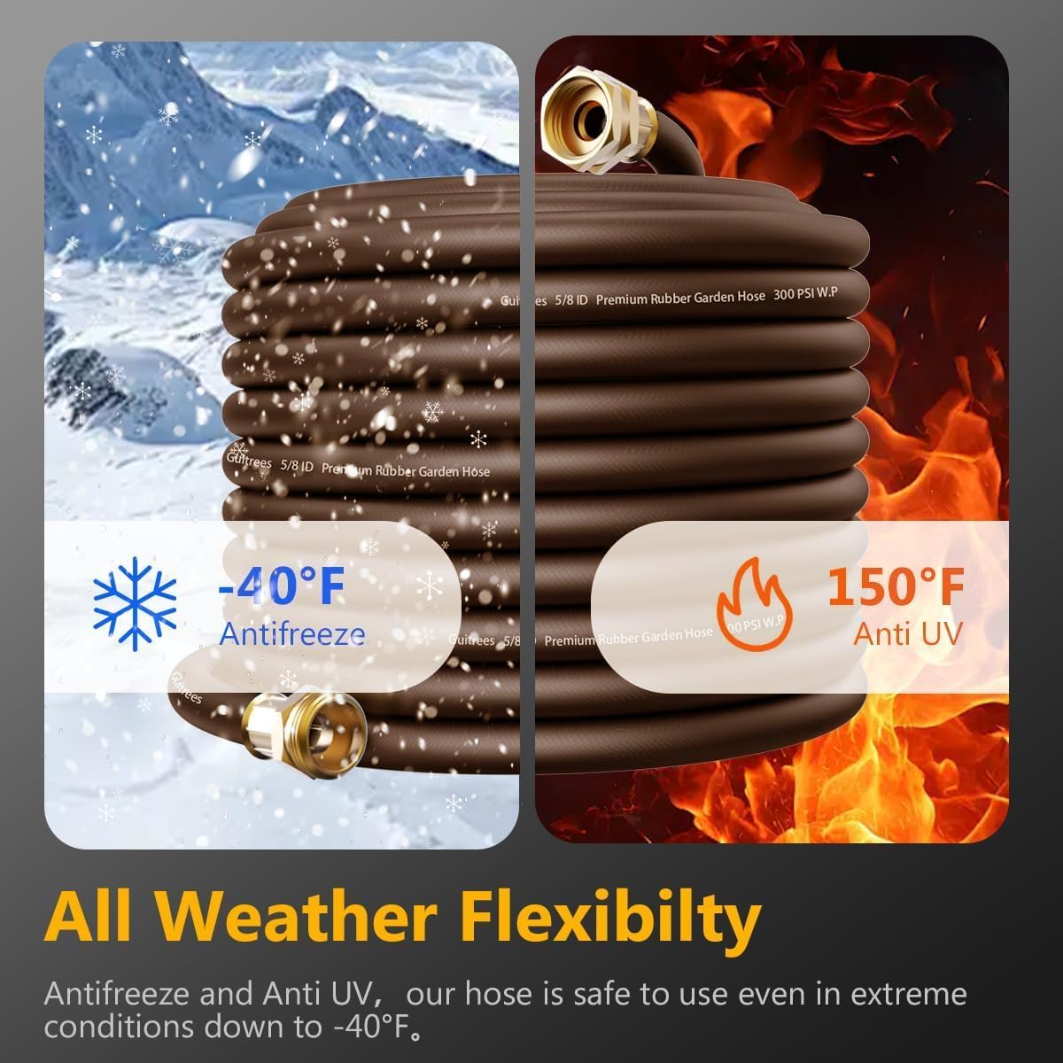 Garden Hose 50FT x 3/4", Heavy Duty Rubber Hose, Water Hose with Five Layered Braiding, Male to Female Fittings, 1000PSI Burst, 300PSI Working (Brown)