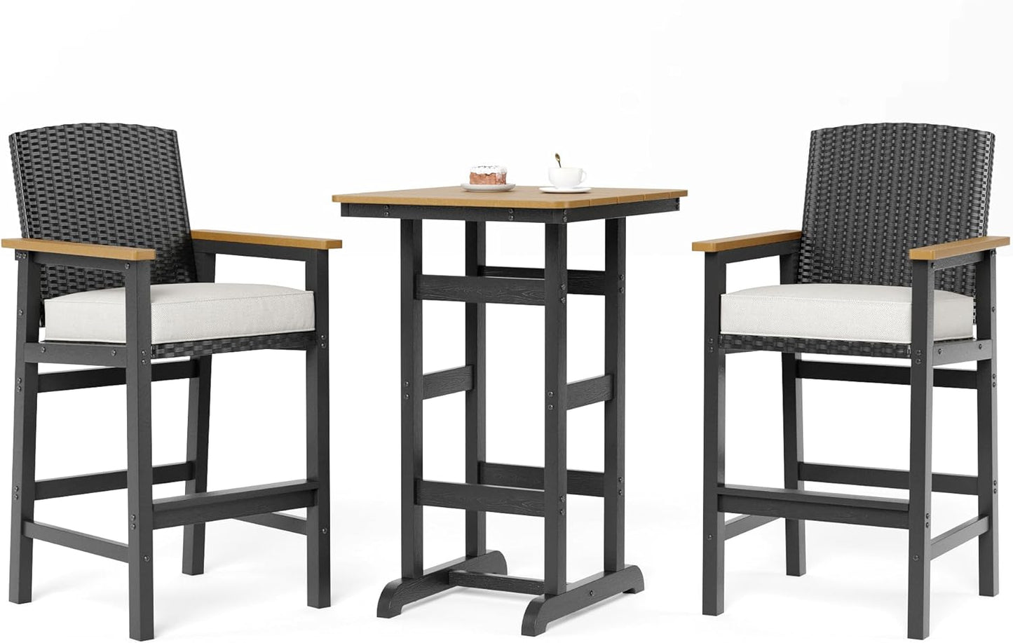 SUNSHINE VALLEY Outdoor Bar Set 3 Piece, All Weather HDPE High Top Table and Wicker Bar Chairs with 3.2” Cushion, Bar Height Patio Set for Backyard Poolside, Black