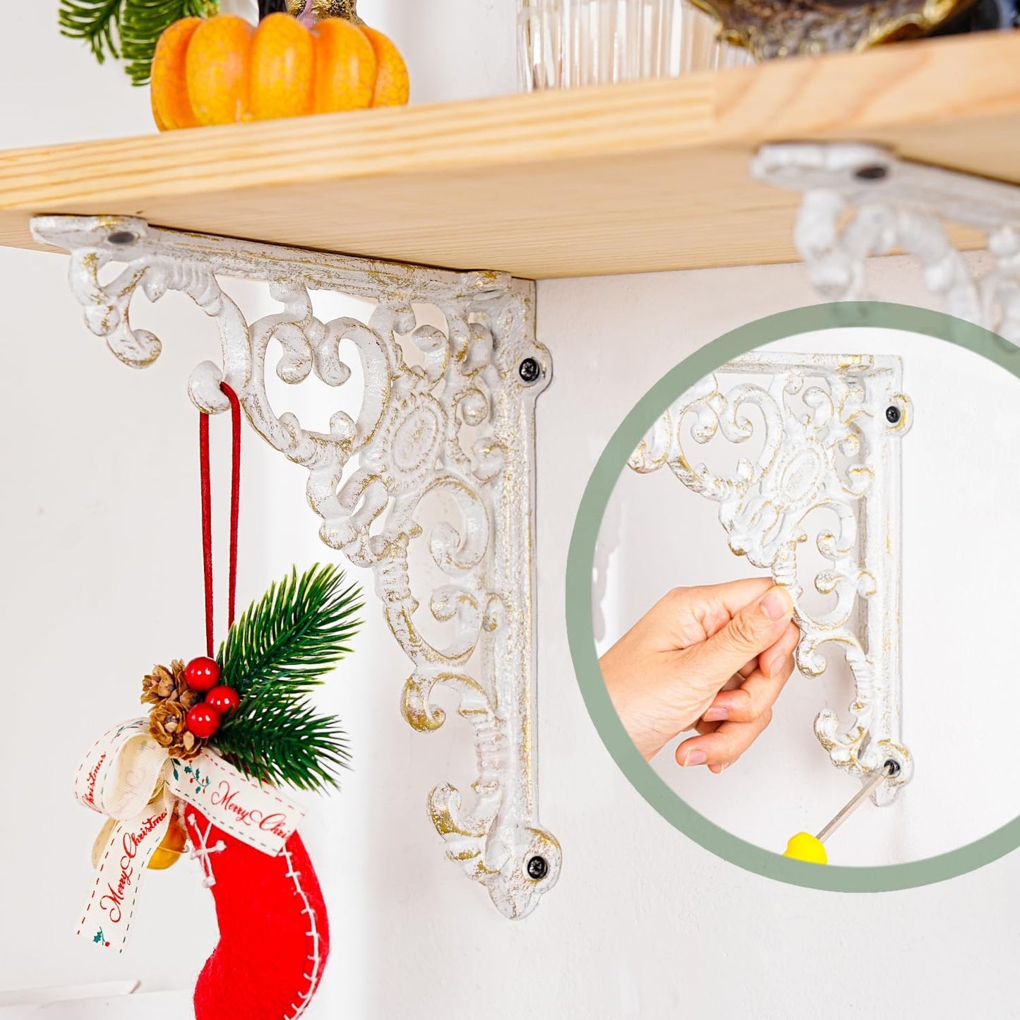 Sungmor Vintage Cast Iron Shelf Brackets - Ornate Decorative Corner Shelf Supports, 2 Pack Garden Wall Hanging Bracket - 7.7 Inch Rustic White Metal Corbels with Scroll Design, Indoor Outdoor Use