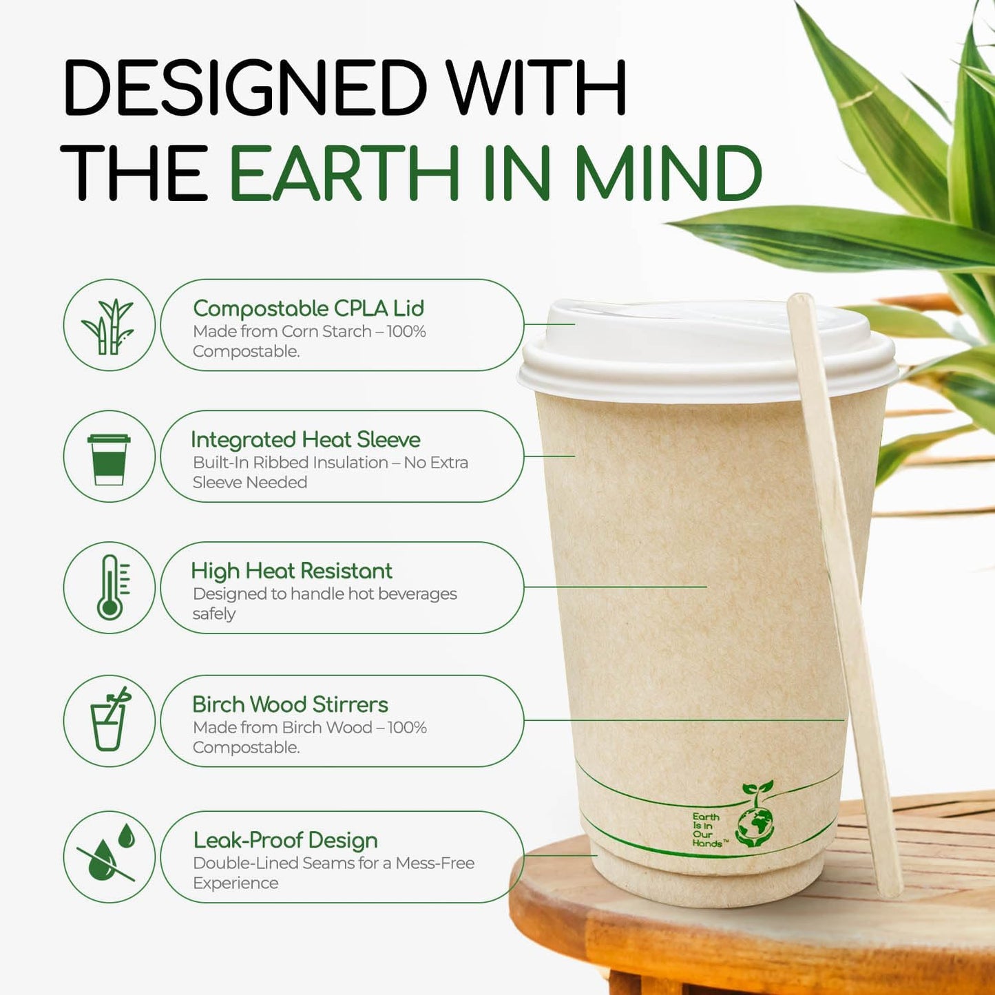 Living Balance Certified Compostable Coffee Cups with Lids 16 oz – 75 Pack Cups with Stirrers & Integrated Sleeves | Leak Proof, BPA-Free & CPLA Certified Plant-based | To-Go cup for Hot & Cold Drinks