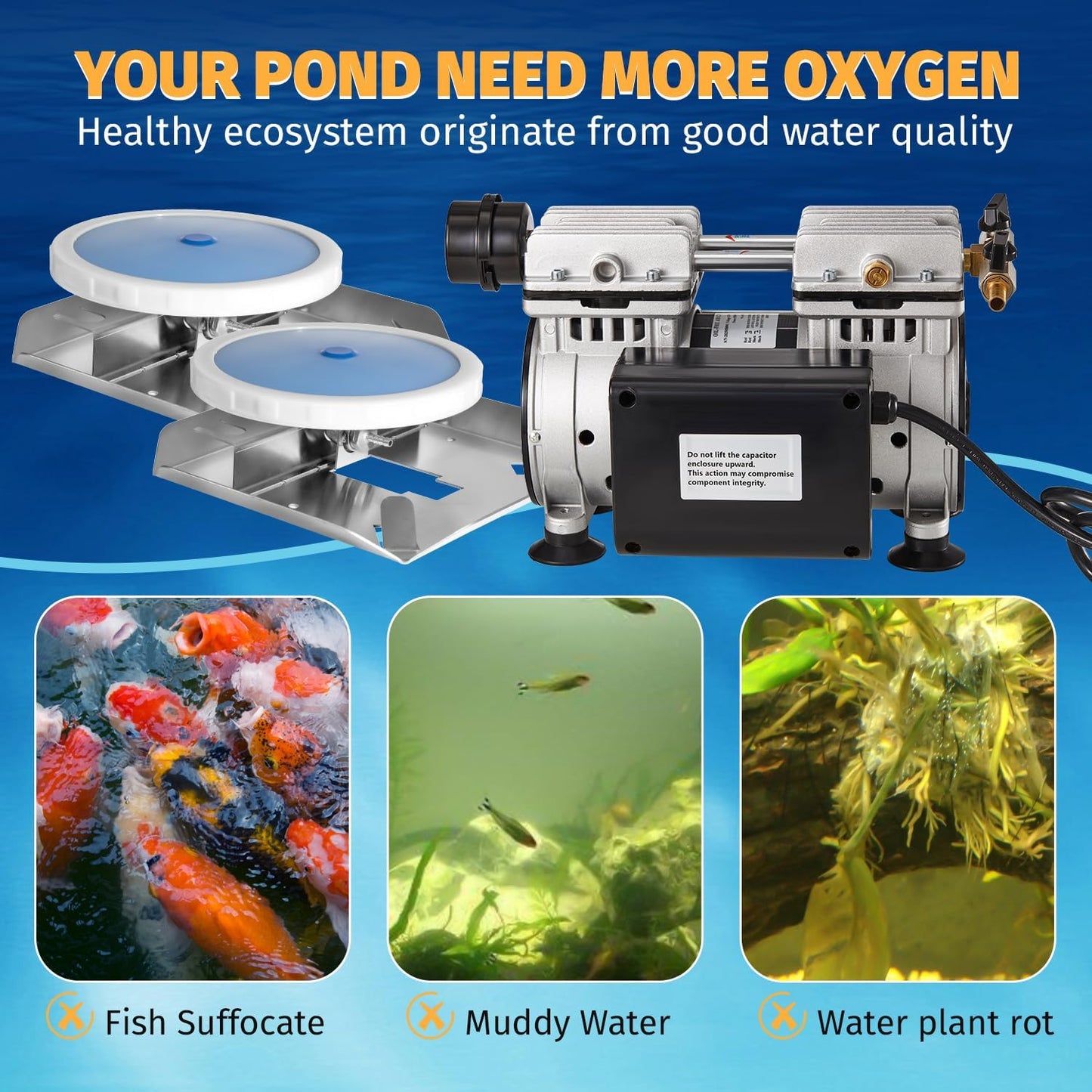 Pond & Lake Aeration System,Pond Aerator Pump,550W Power 5.2CFM for Up to 3 Acre with Timer,3/4 HP Compressor (1 hose, 1)