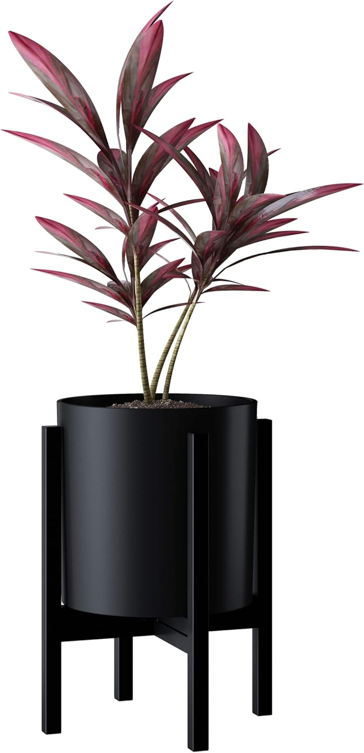 FaithLand Plant Pot 10 inch - Perfectly Fits Mid-Century Modern Plant Stand - Drainage Plug and Drainage Mesh Screen - Matte Black Planter
