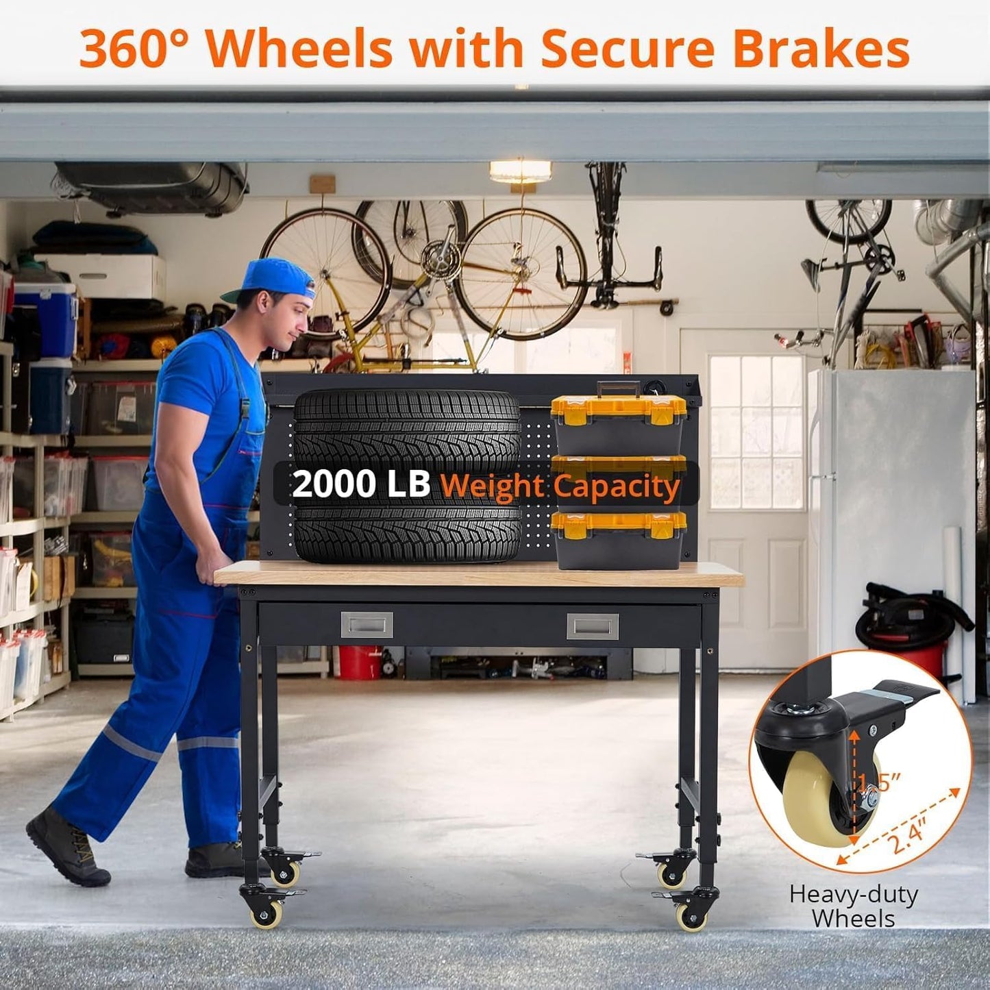 48'' Adjustable Workbench on Wheels, 2000LBS Heavy Duty Worktable with Power Outlets & Drawers & Pegboard, Rubberwood Workstation for Workshop, Garage, Office, Home