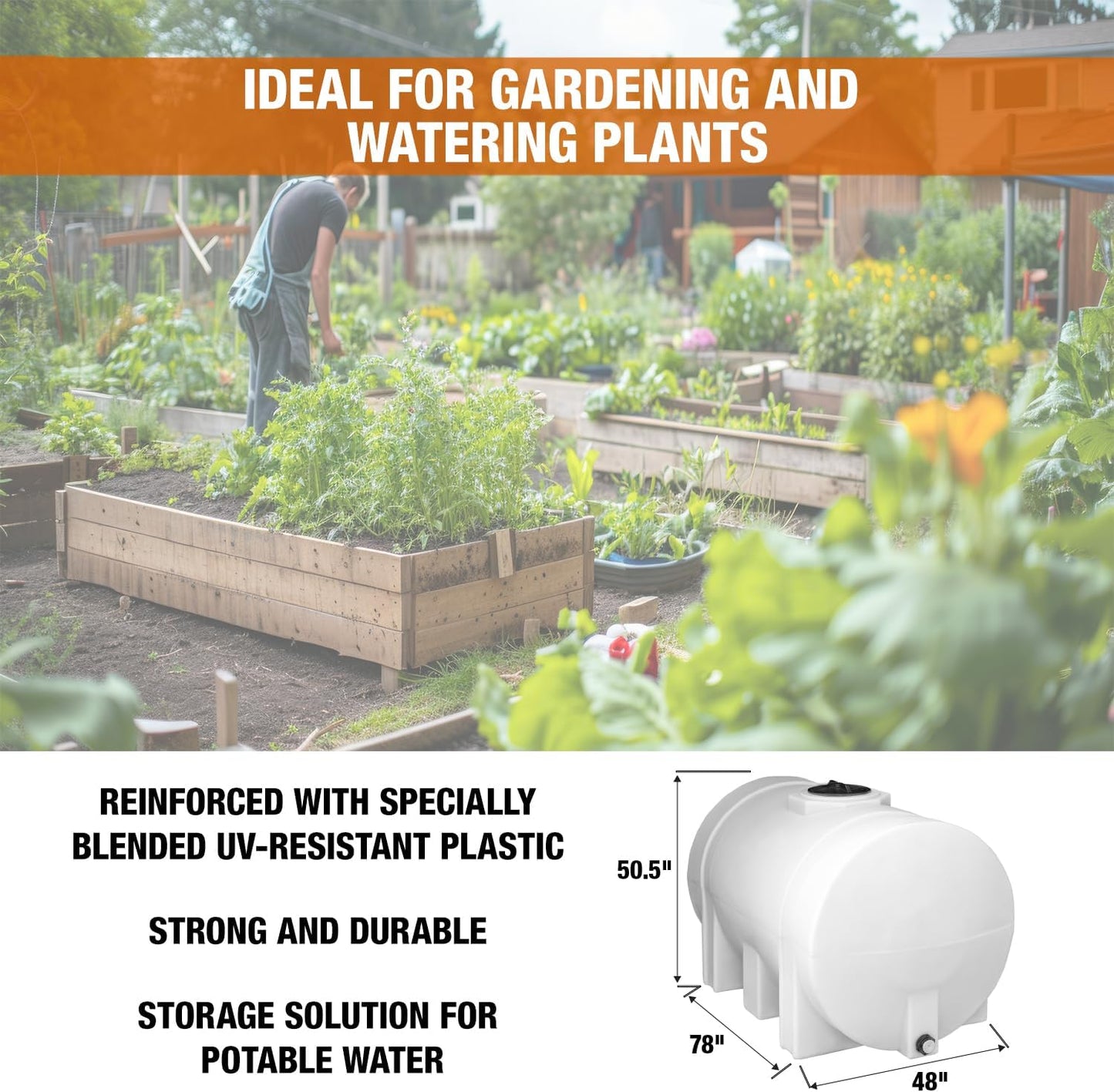 RomoTech 82124269 Horizontal Polyethylene Reservoir Water Tank w/Legs, 550 gal, Made in USA, Natural Poly Tank for Non-Flammable Liquids, UV-Resistant, Ideal for Agricultural Use, RV Water Storage