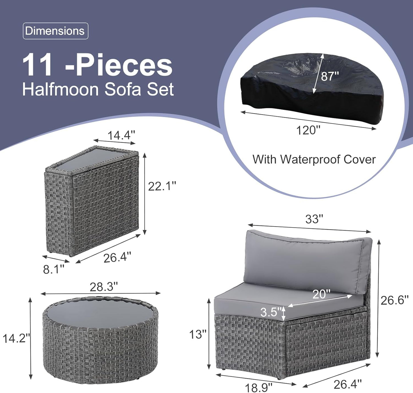 Outdoor Patio Furniture Set with Table, 11 Pieces Grey Rattan Half-Moon Sectional Round Set, Curved Conversation Set, Wicker Sofa with Tempered Glass Coffee Table (Gray, 11 Pieces)