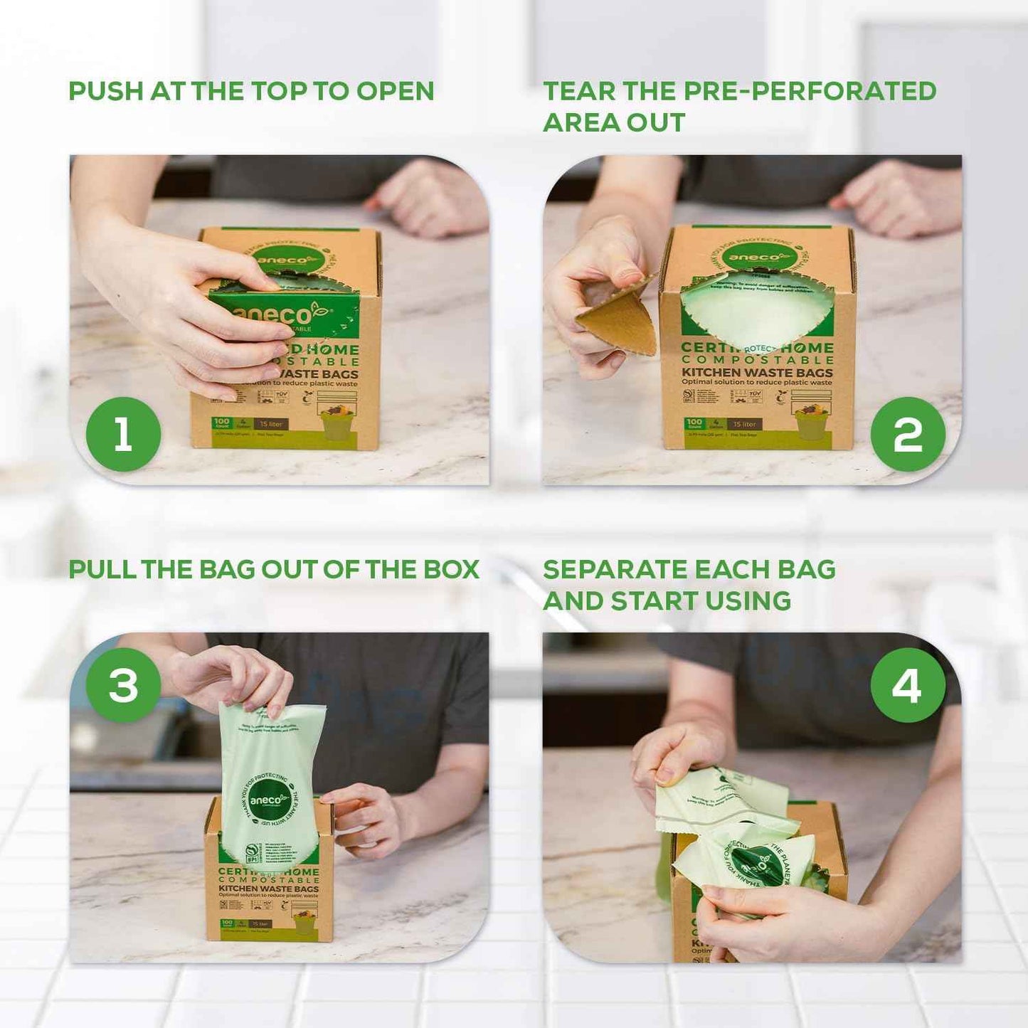ANECO Compostable Trash Bags 4 Gallon (Flat-Top, 100 Count), Extra Strong for Medium Kitchen Garbage, OK Compost HOME & BPI Certified Compostable