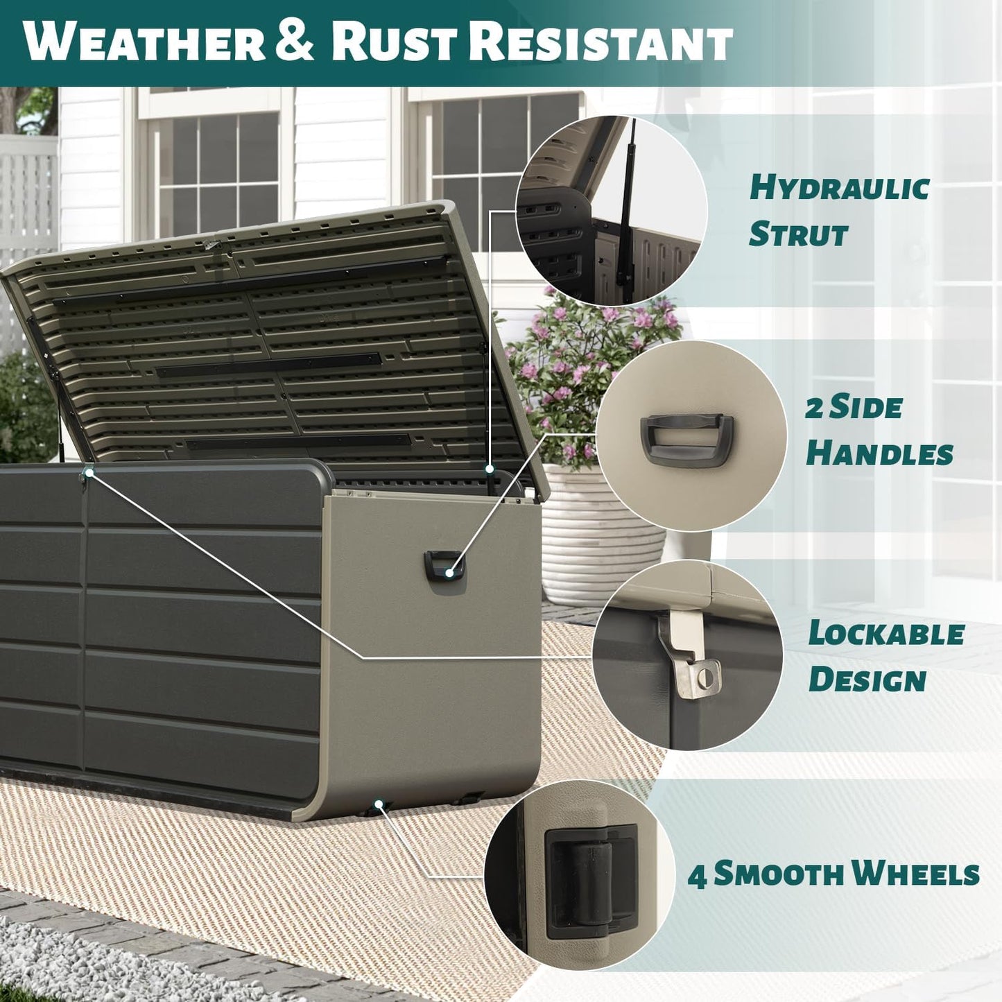 Domi 160 Gallon Outdoor Storage Box – Waterproof, UV-Resistant Deck Box with Lockable Lid for Patio Furniture, Garden Tools, Delivery Packages (Large Resin Storage Bin)