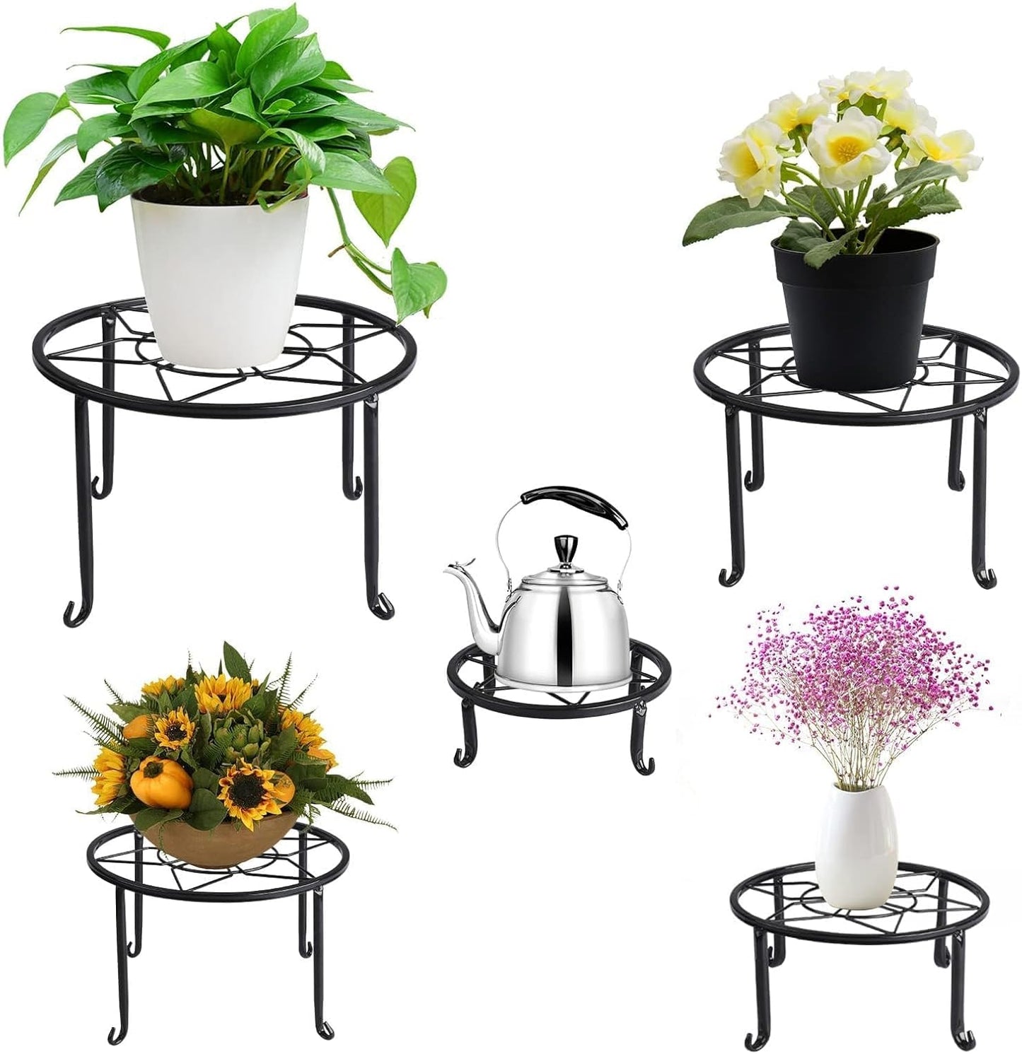 5 Pack Metal Plant Stands,Heavy Duty Potted Holder for Flower Pot,Indoor Outdoor Metal Rustproof Iron Garden Container Round Supports Rack for Planter…