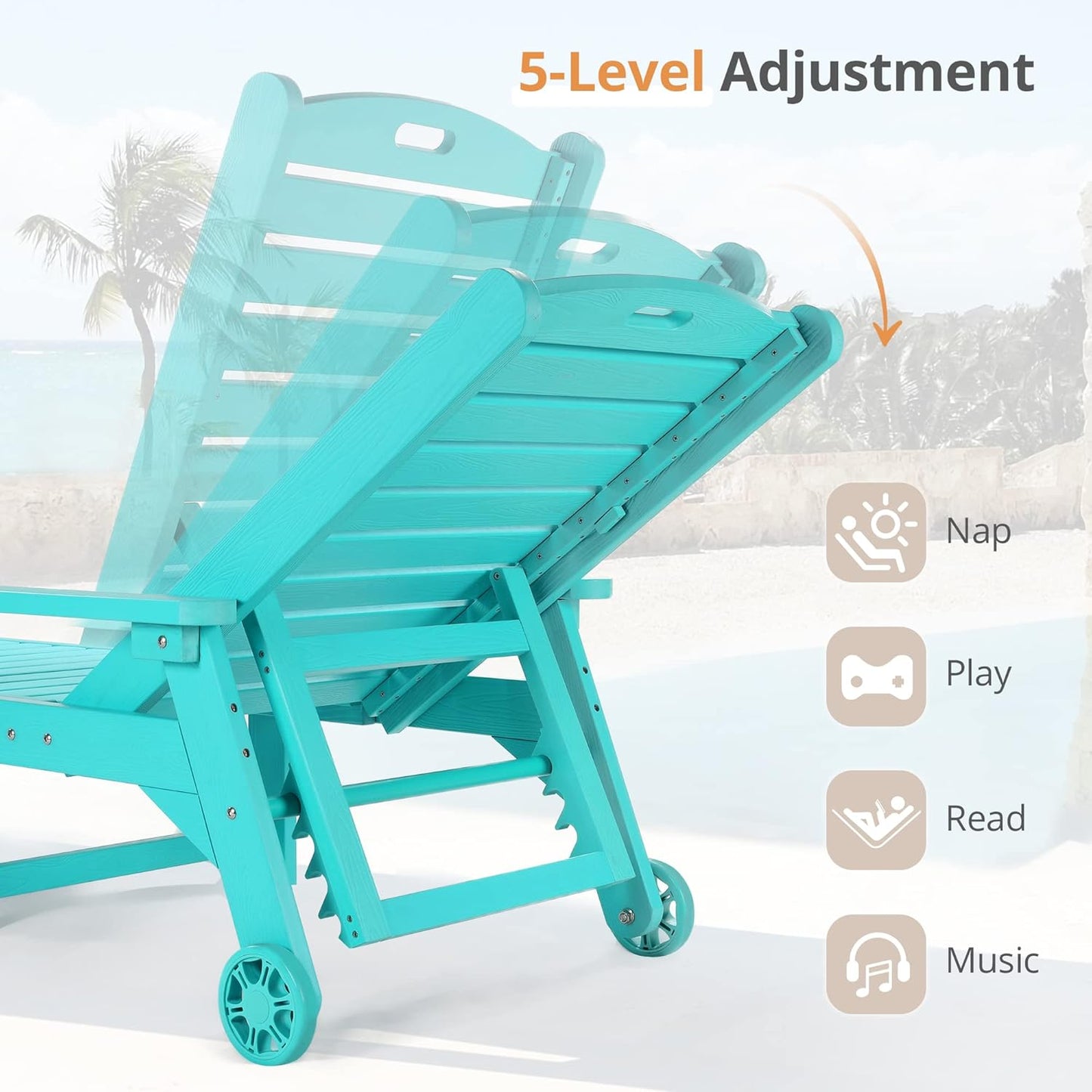 LUE BONA Outdoor Chaise Lounge, 79'' Oversized HDPS Chaise Lounger, 5 Positions Adjustable Lounge Chairs, Pool Lounge Chair with Wheels for Poolside, Backyard, 3 Year Warranty, Aruba Blue